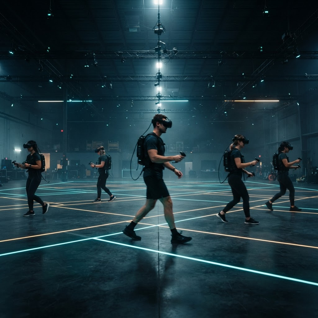 大空间 VR 竞技场内多名玩家佩戴轻量头显自由行走