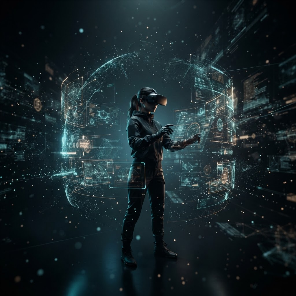 佩戴 VR 头显的人被体积光与全息数据点云环绕的空间计算场景