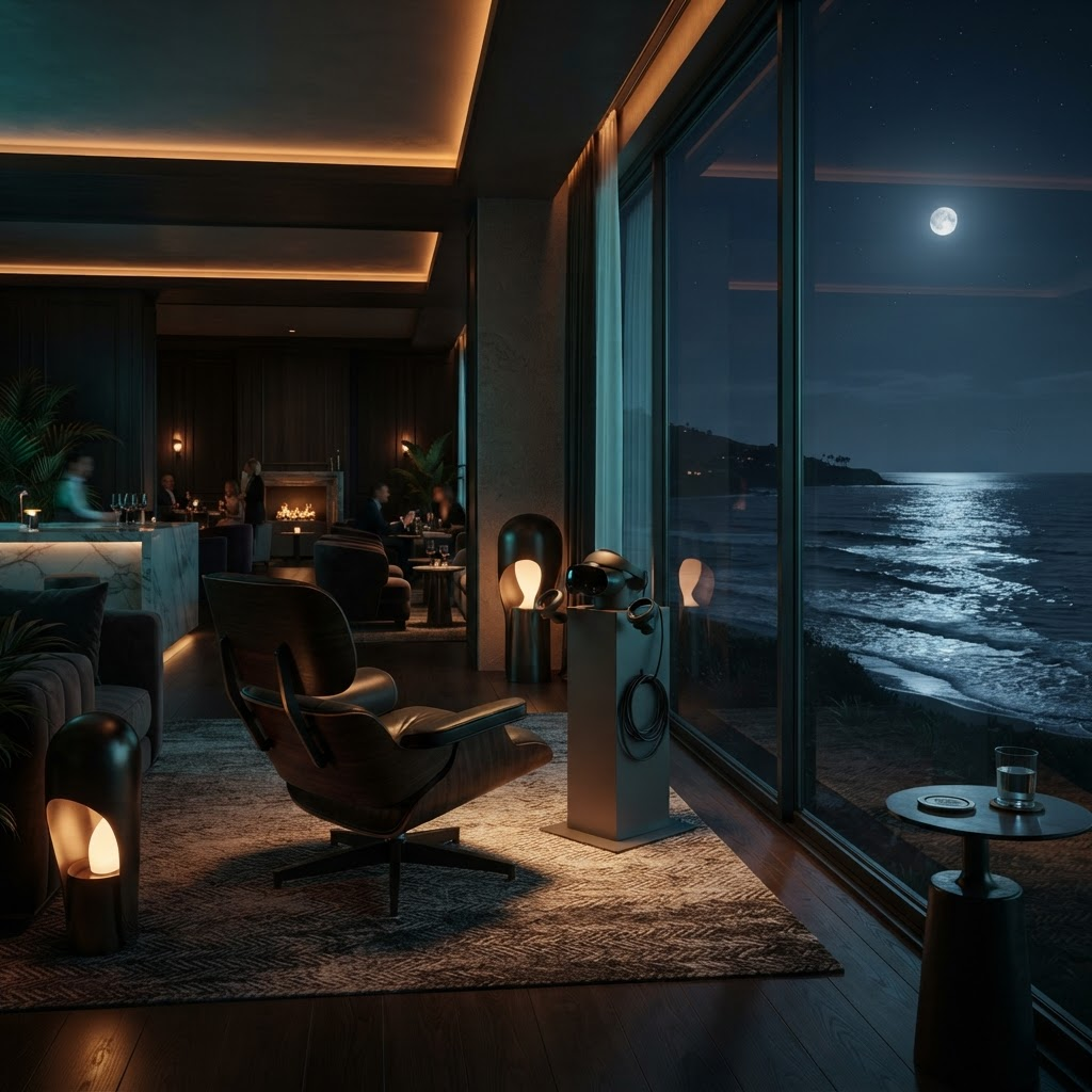 奢华海滨度假酒店休息区内优雅集成的 VR 体验角