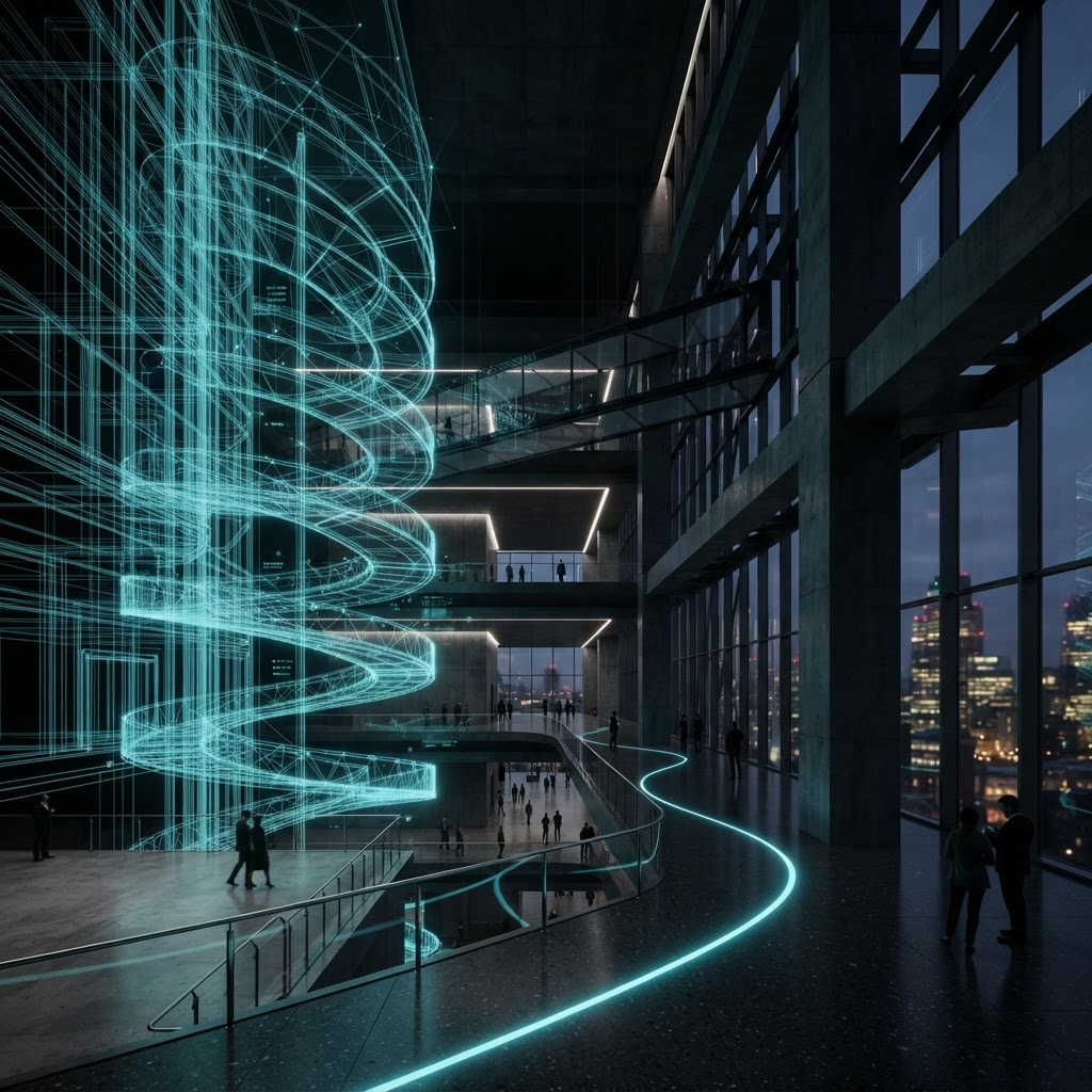未来主义建筑中庭渲染图,青色 BIM 线框过渡到写实材质